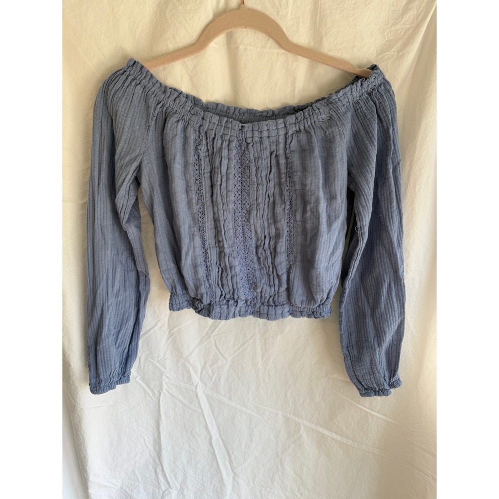 Aeropostale Blue Gauze Off The Shoulder Crochet Lace Crop‎ Top XS Long Sleeve